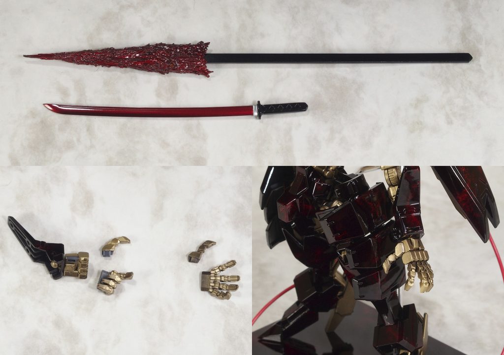 手首は壽屋ワイルドハンド2と旧を使用。
手首の可動軸追加以外は共通構造なので使いやすいです。
ガントレットを装着するのに軸の太さを改造してるので
手首ごと交換するのは嫌だったので指だけ差し替えて平手に出来るように。
武器握り手は2から少し改造。平手は旧の取り付け部を若干整形して。
 
 
 
武器握り手は一応太刀突き立てポーズにも使えます。