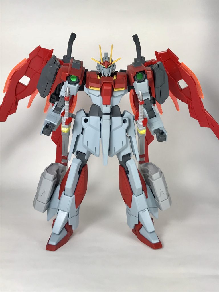 ## 〜機体設定〜
HI-001 メテオガンダム
当時はビルドファイターズトライの影響で、ガンプラバトルさせるとしたら…という設定でオリジナルガンプラを作っていました( ´ω` )
ヒイロの初塗装作品という事で形式番号HI−001としています。
コンセプトとしては、
*コウサカ・ユウマ君の高機動狙撃機体、ライトニングガンダムを高機動近接機体にしたら対になって面白そう∩^ω^∩*
という事で作った機体です!
カラーリングは青いライトニングの対として、赤色に変更。
ネーミングは、*ライトニング(稲妻)の対になりそうで、赤くて高機動なイメージを持ったメテオ(流星)を取ってメテオガンダム*にしましたd(^_^o)
武装はあまり持たせ過ぎると高機動なイメージがなくなってしまうので、少なめにしました( ´꒳` )
メイン武装は両腰に帯刀している太刀で、その他、ハイパーカレトヴルッフ、ビームサーベルを装備。
射撃武器としては両肩にガトリング、両足にミサイルポッドを装備しています!