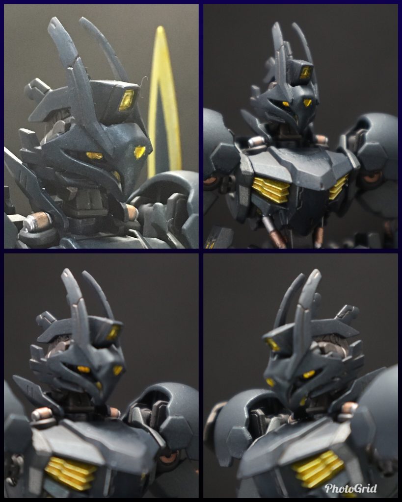 頭部、バストアップ。ヤクトドーガのパーツを流用した特徴的なフェイスガード。