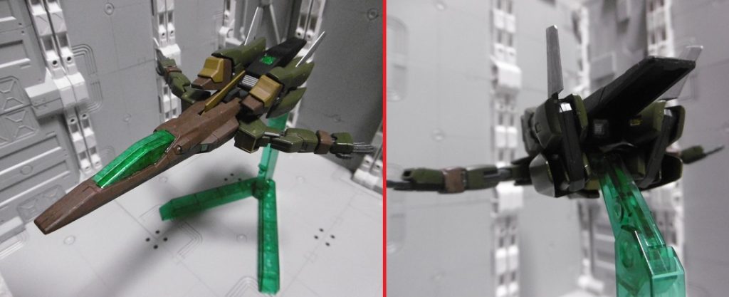 実は飛べます。機首を残していたのは姿勢制御スタビライザー兼このため。
MAエピオンのような簡易変形式で、腕部は主翼に、膝の刃は尾翼に。
正確には飛行というより、高所から落下時の滑空または着地時の衝撃緩和が目的。飛行自体も不可能ではなく、テールユニット内に増設された高出力バーニアによる宙域離脱が可能。MS時でも飛べなくはないものの持続時間が非常に短いため、使い過ぎると走って帰るハメに。
GNではないにせよバルカンは残っているので、牽制をかけながら突撃も可能。ただし持続時間の関係上、誤利用は計画的に。