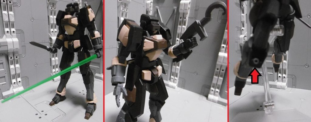 武装面は、武器としての使用はシグルブレイド＆ビームサーベルｘ１のみ。
他にアンカーショット（ダークハウンドから拝借）。

膝のニードルガンは武器ではなく、状態異常効果の特殊弾薬を発射。センサー障害を起こす煙玉のような類です。普通の煙玉では対ＭＳや基地攻略では全くの無意味（視界を奪っても反応は残る）ですので。

ビームサーベルのエフェクトは緑色に。定番のピンクなど赤系統では警戒心を煽り危険。ガンダムポータントより流用。そのまま使うのではなく、接敵時にビームを発振します。そうすれば熱源探知される可能性が減り、発光も最小限に抑えられます。
シグルブレイドは通常格闘属性で、特殊属性は無し。ビーム格闘との使い分けが出来ますが、スパロボで言う所の射程１しか攻撃手段は無いので、高い機動力を駆使した接近戦に限定され弱体化。

アンカーショットは敵の態勢崩し、もしくは鉤縄のような登器としての使い道。ＭＳの中でも軽量級な構成なので、ワイヤーが頑丈なら途中で切れたりはしないと思います。