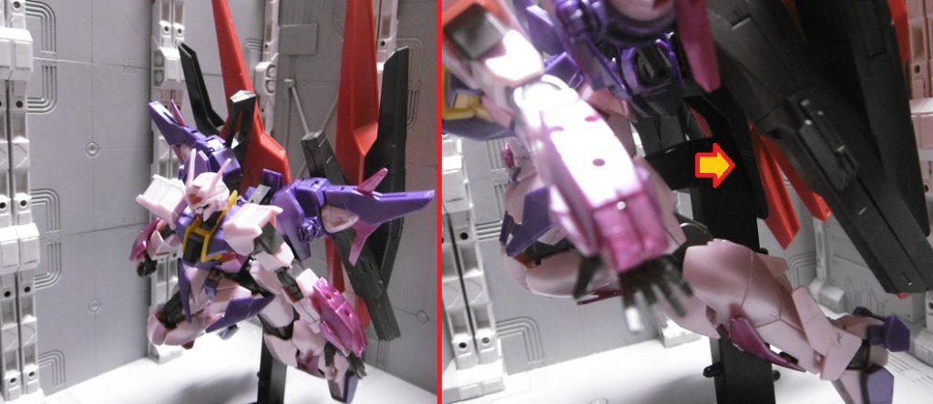 ラッシュポジで飾りたい場合、スタンドの角度を前傾にさせれば安定します。これはGNアーチャーのテールユニットが、スタンド支柱に当たっているからでもありそう。