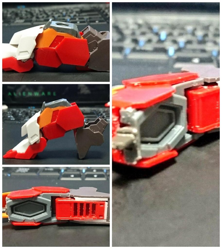 足はかかと部分にキマリスヴィダールのかかとをかぶせ、隙間に1ミリ角棒を入れ接着。この後0.3ミリ厚プラ版を貼り付けてます。
つま先はバルバトスルプスのものを取り付けられるように、ブラストマスター側を加工。アップダウンする足を作成しました。
ただつま先ゴツくてダウン時の見栄えが…