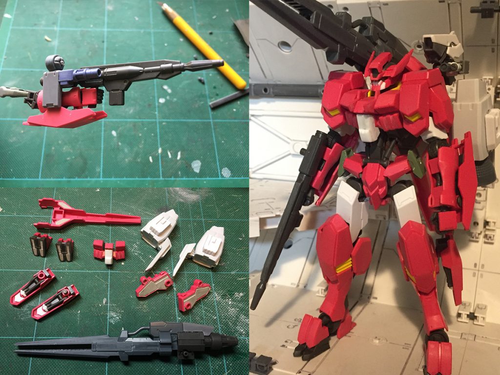 基本工作としてペーパー掛けをしての面出し、エッジ出し、ディテールの掘り直し。とがっているべき部分をとがらせ、薄く見せたい部分のフチを削っています。
アーマー裏などの大きな肉抜き穴は、エポパテで裏打ちしてディテールを追加（写真じゃほぼ見えないけど）。
■頭部
プラ材でチンガードの形状を変更し、歯のようなパーツは短く、ひさしになる部分は薄くしてゴーグルが見える面積を広げています。

■胸部
コクピットブロックはプラ材で形状変更。左右のブロックはスロープ状のディテールを彫りこんでガンキャノンⅡ風味を。

■腕部
基本工作以外加工なし！やったぜ！

■腰部
サイドアーマーに1/144グレイズの腕のアーマーを取り付け、ハンドグレネードの収納場所に。
ハンドグレネード自体はプラ棒とマイナスモールドで。

■脚部
元キットのバックパックについていたアームをスラスターに見立ててふくらはぎに移植。
スラスターの裏側にはジャンクパーツでメカを追加しています。

■バックパック
サイドのパーツはメガライドランチャーのエンジン部分を流用。優秀な改造パーツですねー。何かのキットのサイドアーマーを加工して側面にとりつけ、ラインを調整してます。
一番目立つレールガンは高出力と一目でわかるように、いじらなくても迫力満点のライトニングバックウェポンシステムMk-IIからパーツを拝借。フラウロスのレールガンの基部と直結しています。
複合センサーユニットは、グレイズ改の頭部を鉄血世界ではよくあるMS用センサーだと考え、そのまんま搭載。本家ガンキャノンⅡに近づけるべく、プラ棒やジャンクパーツでサブセンサーを作りました。

■手持ち武器
本家ガンキャノンⅡは手持ち武器のない男らしい仕様なのですが、まあライフルがあってもいいだろうと。
ガンキャノンのライフルっぽいセンサーユニットをジャンクパーツで製作し、長距離射撃可能なマシンガンとしました。
ファーストガンダムでよく見る十字のセンサーは、グレイズフレームのメインカメラを流用……はできなかったのでプラ材でそれっぽい形のものを作っています。