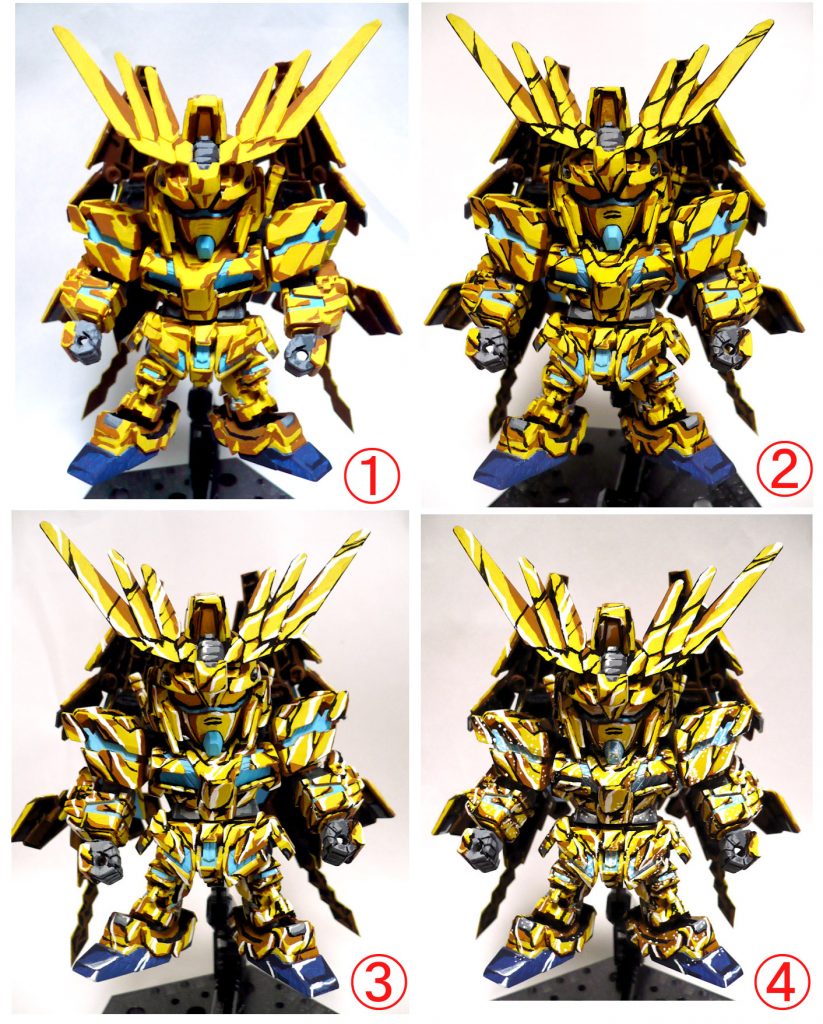 イラスト風塗装の変化の様子です。
1・ベース色にひとつ影を塗装
2・黒で金色っぽい表現
3・白を加えてハイライトの表現
4・サイコフレームの粒子発光を再現
SDサイズだから簡単に塗装できると考えておりましたが
各部のディテールが細かくて塗り分けに物凄く時間を費やしました…