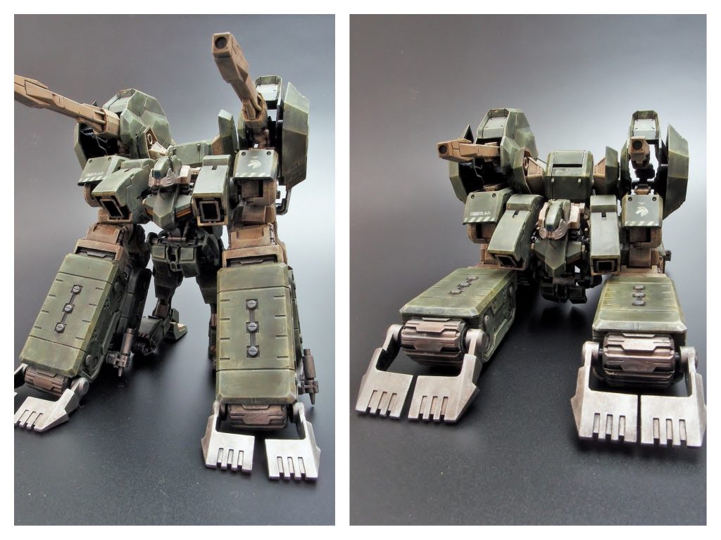 長距離移動時は前腕部の大型クローラ―を展開した高速走行モード「ランドマスター」に変形する。