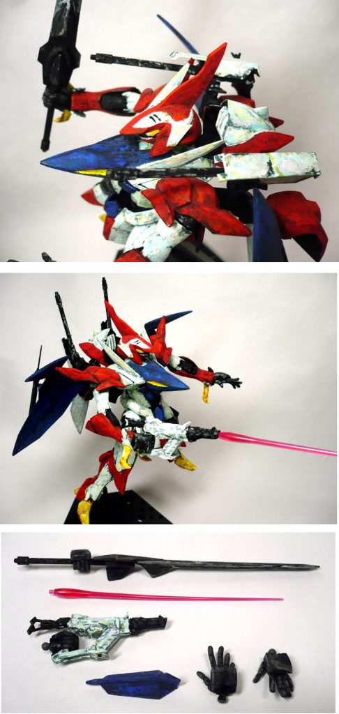 武装まとめです。
オーラキャノンは鉄血オプションパーツとアームを組み合わせました。
一応、前方に可動します。
オーラソードライフルはRG・Zガンダムのサーベルを使いました。塗装なしです。
手は次元ビルドナックルズ丸・大サイズを使っています。
オーラソード(大)の持ち手も
鉄血オプションのメイスのグリップを切り外して取り付けました。