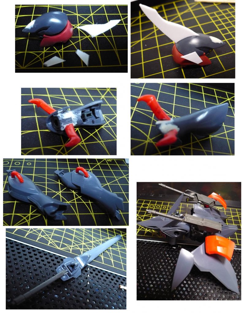 旧キット1/72ビルバインのオーラコンバーター、オーラソード、
腕のクロー部分と膝横の動力パイプを移植しています。
ウイングキャリバーに変形させる際にクローを移動させる為に
腕の内側・外側にネオジム磁石を仕込んでパテで埋めています。
ワイヤークローの再現は面倒なので止めました
(磁石仕込んでいるので何とでも出来そうですが…手抜きです)
ビルバインのウイングは本来片側2枚ですが
ゼダスRのウイングを切り落とさず3枚仕様で使いました。
一番内側の羽根はビルバインと同様に昆虫っぽい羽根の様な塗装にしてみました。