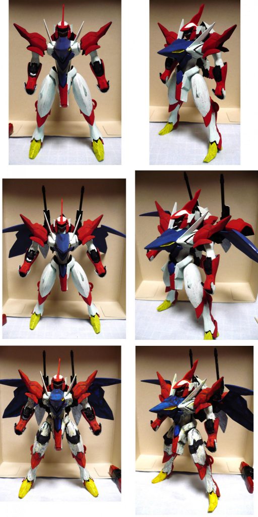 塗装過程です。
上から順にベース色を塗装した後のテッカマンブレード状態(笑)
そこにオーラコンバーター、ウイングを付けた状態。
一番下は7割くらい色を筆塗りした状態です。