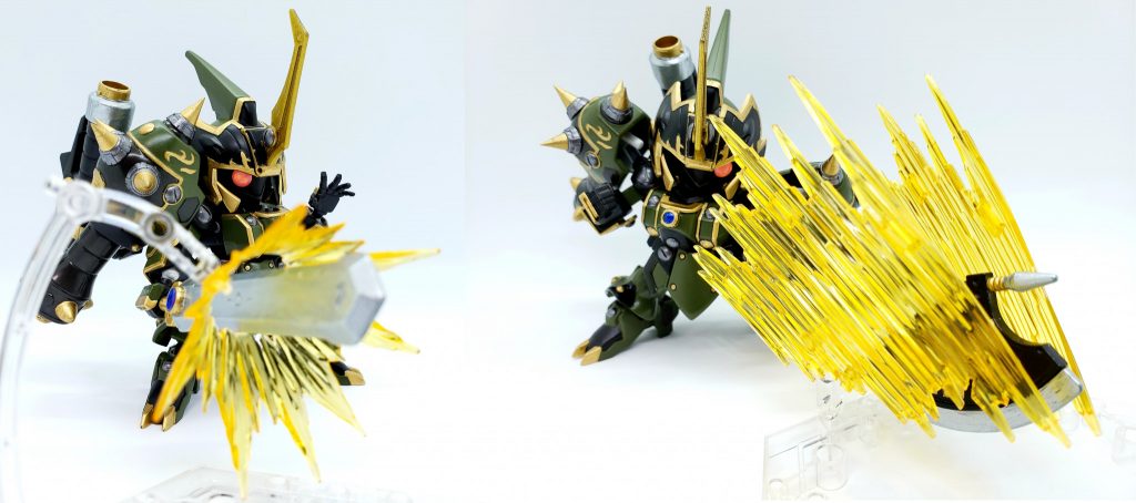 共に『斬る』というより『打突する・叩き潰す』という扱い方。
典型的なパワータイプの鉄機武者のイメージ。