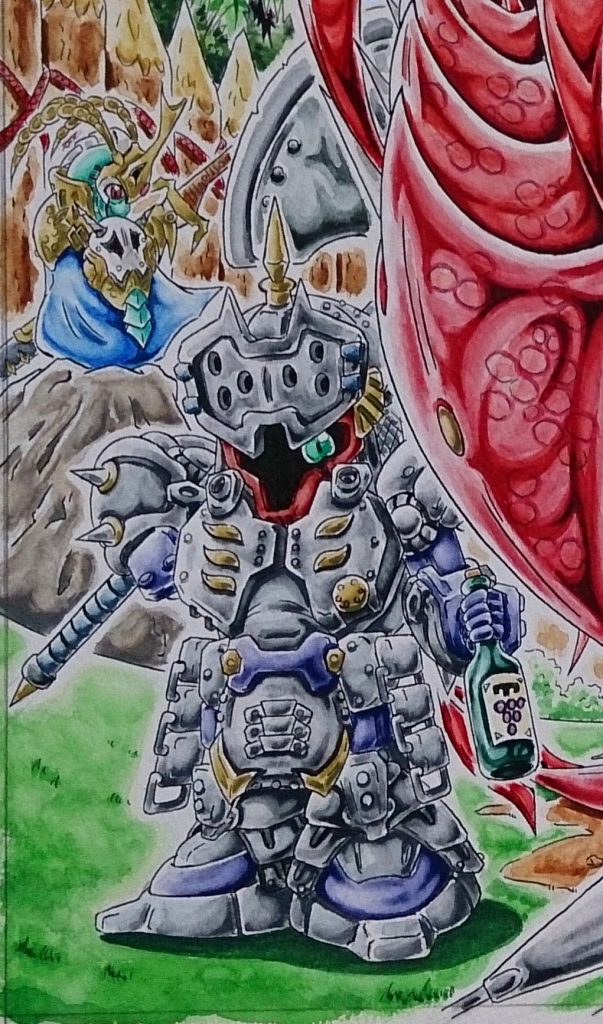 二年前にイラスト化したもの。

こんな見た目ですが、味方です。(笑)
主人公の少年ガンダムの旅先に、ふらりと現れる手練れの傭兵。場数も経験も豊富で、頼れるおやじ・兄貴的な存在。

腕はたつのだが、基本飲んだくれなので、普段はダメおやじ感がハンパない。(笑)

過去に、主人公と浅からぬ因縁もあるようだが……………


と、いう設定なキャラクターです。w

個人的にドムが大好きなので。当日、かなり入れ込んで作った記憶があります(^3^)/