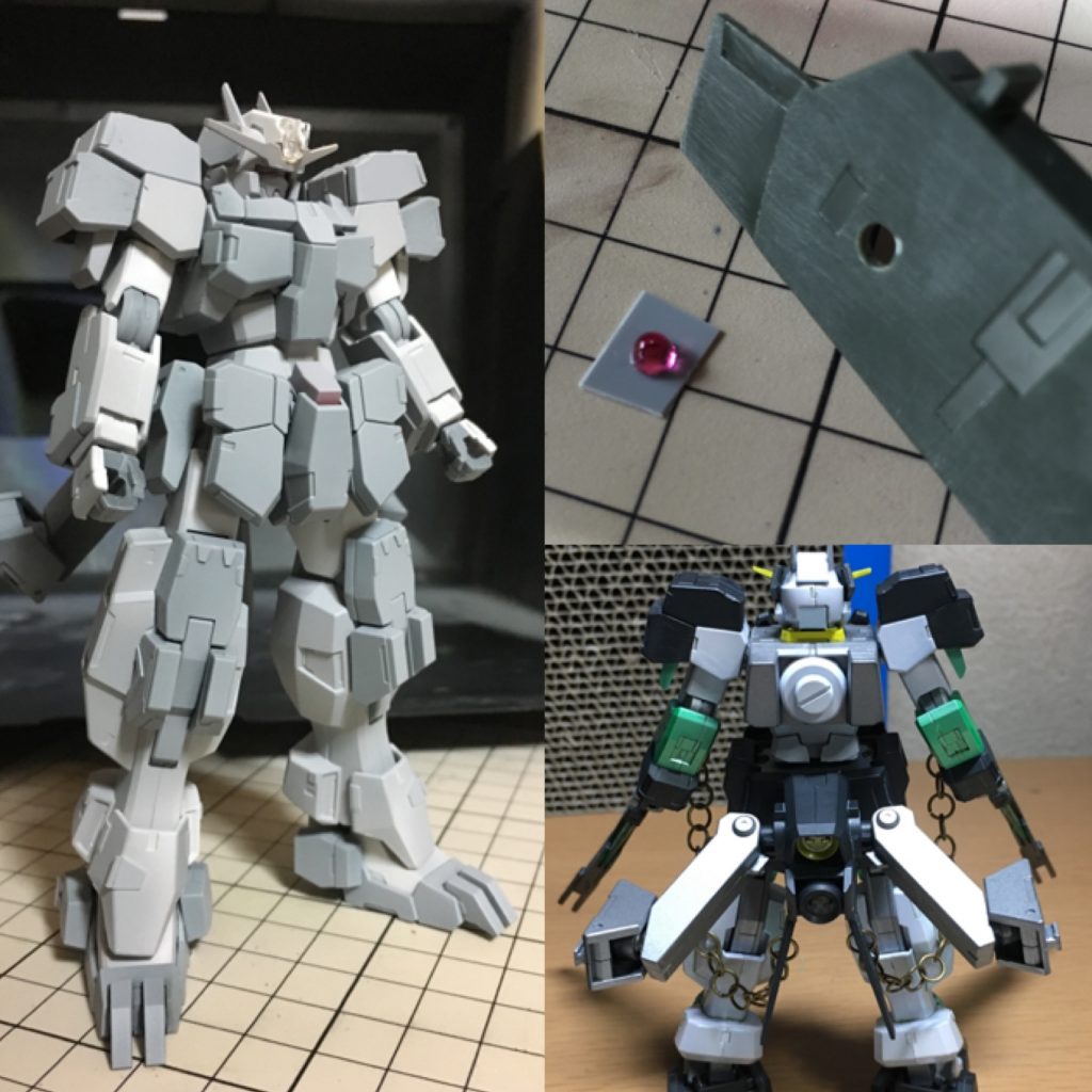 プラ板を貼り付けた箇所とビーズ、チェーンをつけた場所のわかりやすい写真です。