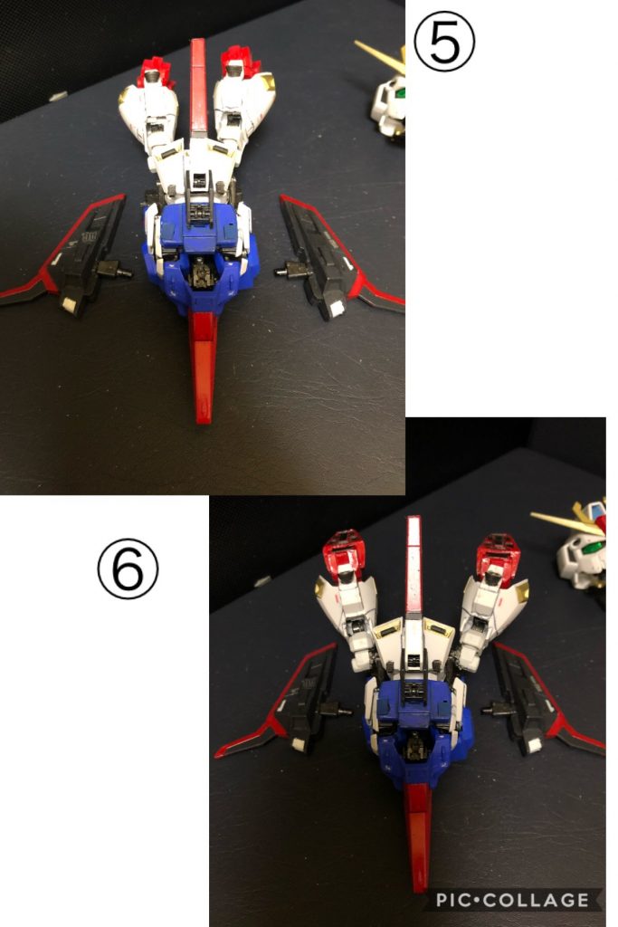 ⑤ シールドを機体の下部へ装着する。

⑥ 両脚を機体の側面に移動する。