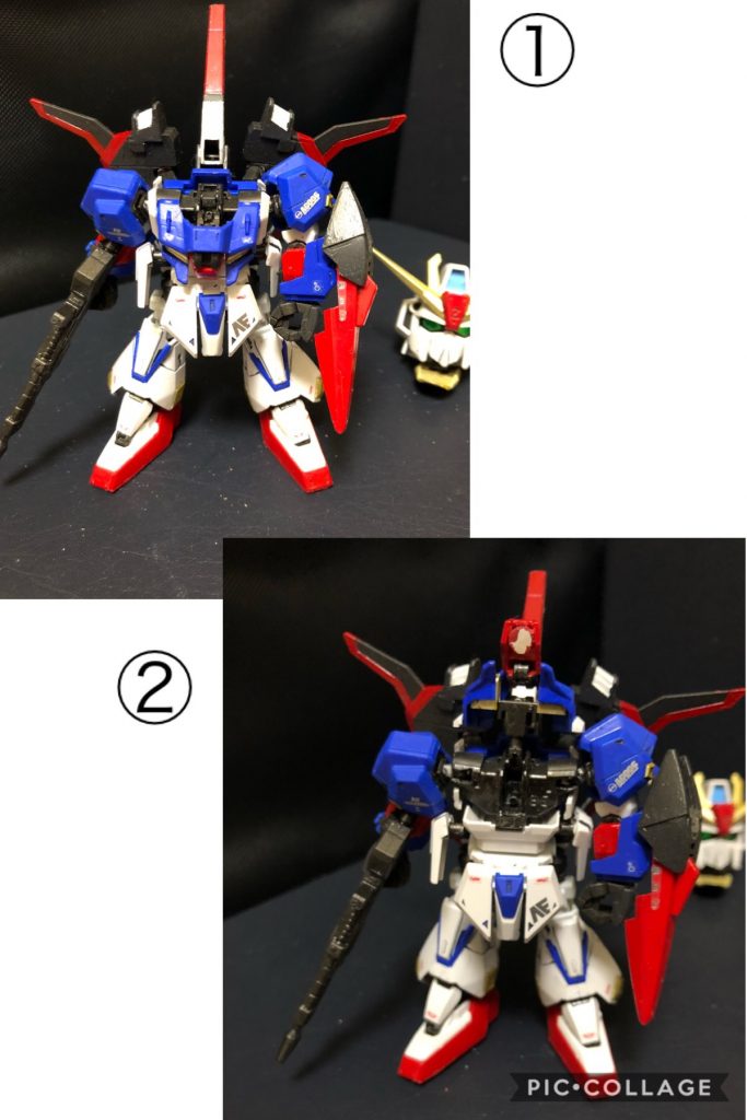 変形シークエンス

① 頭をはずす。

② 胸部パーツを上にあげる。