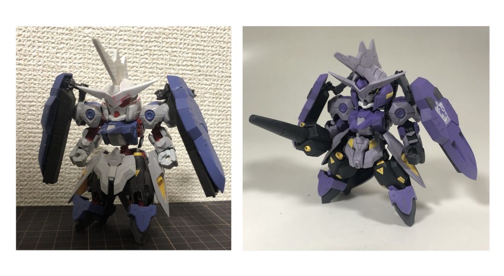 11月末から作り出したので製作期間は10日くらいでした。
写真は製作初日のものと比較用です。
形になるのかな？これ？と思いながら進めて入ったのですが、個人的には満足できるスタイルになって良かったです。

CSフレームとHG鉄血キットの相性が良さそうだなと感じました。
最後まで見ていただきありがとうございました！