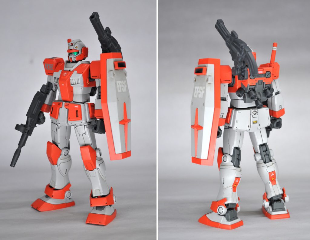 キットのバイザー敢えて取ってみるというのは自分も思いついてそこそこ良いと思ったんですけど
アゴ周辺のデザインと合わない感じだし、ノーマルジムっぽくするのもなんかもったいないので
ジムでもガンダムでもない中途半端な高性能機を目指しました。
配色はジムらしくしてみようとガイアカラーのスカーレットとニュートラルグレーⅡを
基本色にしてみたんですが、なんか微妙な・・・。