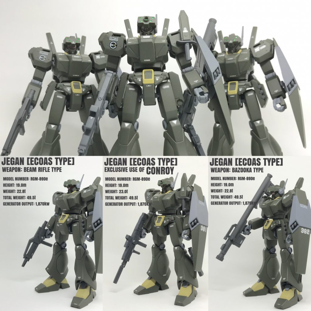 3番手はジェガン エコーズ仕様小隊です。
真ん中のコンロイ機はプレバンで、他
2機は市販品のものです。