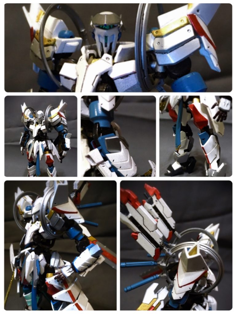 各部クローズアップ。頭部形状はアンテナが短め、フェイスも微妙にグリムゲルデとは異なる。肩部、腕部、脚部と騎士を思わせるとともに女性らしさも併せもつ。マルチウエポンサークレット部、サイドスカートのクローズアップ。マルチウエポンサークレットのブルーグレーの円柱は、投擲用炸裂焼夷弾(上)と、ソードメイスの柄部。