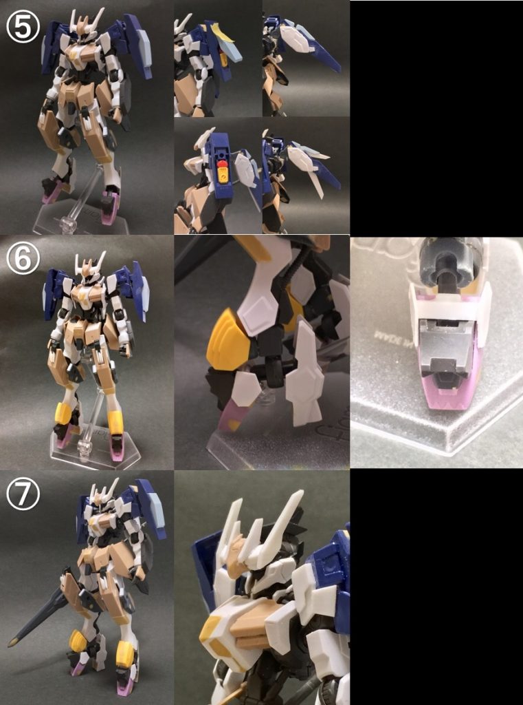 製作過程を簡単にまとめました。
頭部から始まり、脚、腕、各装備の順で進んでいきました。
①頭部はウヴァル(フェイス部分は余剰のアスタロトオリジンのパーツ)から作製。胴と腰はフルシティをベースにしています。
②脚部はルプスをベースに作製。つま先は、元ネタの悪魔が持つ蹄を意識した形状に。ナイフはフルシティのシザーの持ち手を基にプラ板で作製。
③脚部と両肩にパーツを追加。脹脛はバインダーガン、肩はビルドブースターmk-IIから拝借。
④肩にユニットと装甲を追加。
⑤BWSのテールスタビライザーを基にバックユニットを作製。フィンはプラ板からの切り出しです。また、Sガンダムのジャンクパーツを使い肩ユニット内部のディテールを追加。
⑥ディナイアルの足首パーツを追加し脚部を延長。余っていたルプスの脚部フィンパーツで装甲を追加しています。
⑦武装の作製と各部の微調整。頭部も額を中心に修正しています。