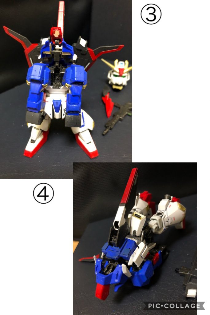 ③ 腕部を本体前面に収納。

④ ひっくり返してスタビナイザーを展開する。フライングアーマーを外す。サイドアーマーを前面へ移動する。