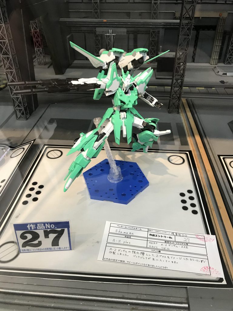 2018/12/19 追記 大阪日本橋のジョーシンスーパーキッズランドキャラクター館にて開催されているガンプラコンテストの方に出品させて頂いていました! 結果、賞に選ばれることはできませんでしたが、何票か投票していただき(投票数は秘密のようでした)、さらに2件、カラーリングが綺麗だというコメントもいただきました。 投票、コメントを下さった方、本当にありがとうございました。 たくさんいい作品を作り、このようなコンテストにこれからも積極的に参加していきたいと思っています。見かける機会があれば、またよろしくお願い致します。