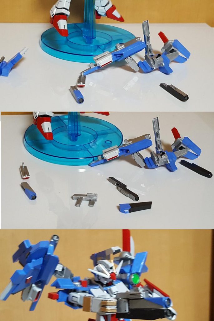 複合武装:ツインビームライフル
    バックパックユニットとビームマシンガンを合わせた武装
    これも連射性に重視した武器である
※バックパック右側についているビームキャノンの砲身を
 左肩のビームキャノンの砲身を外して
 ビームマシンガンを3つに分解、取っ手部分と先の2つをあわせて完成