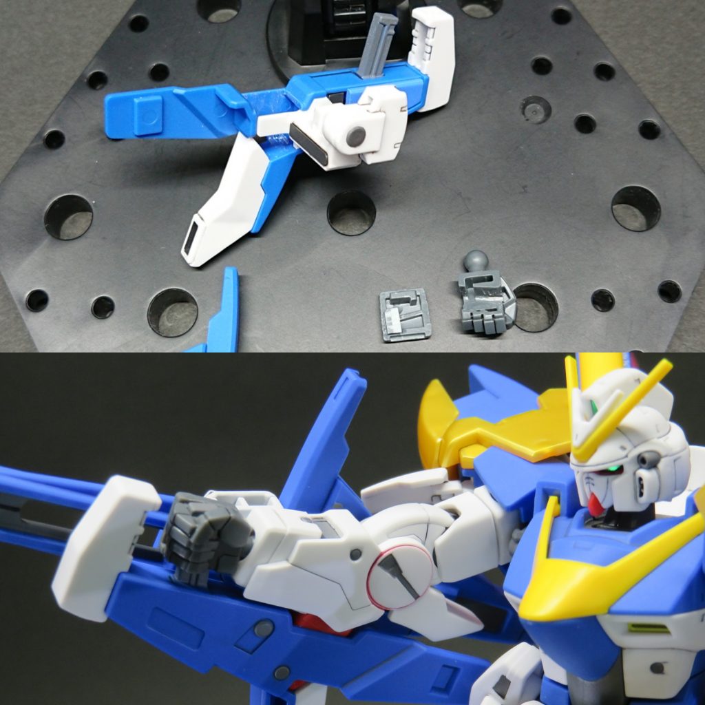 メガビームライフルも設定通りビームシールド発生器と接続できるよう加工しました
腕とライフルが平行に固定され、見映えと保持力が上がりました