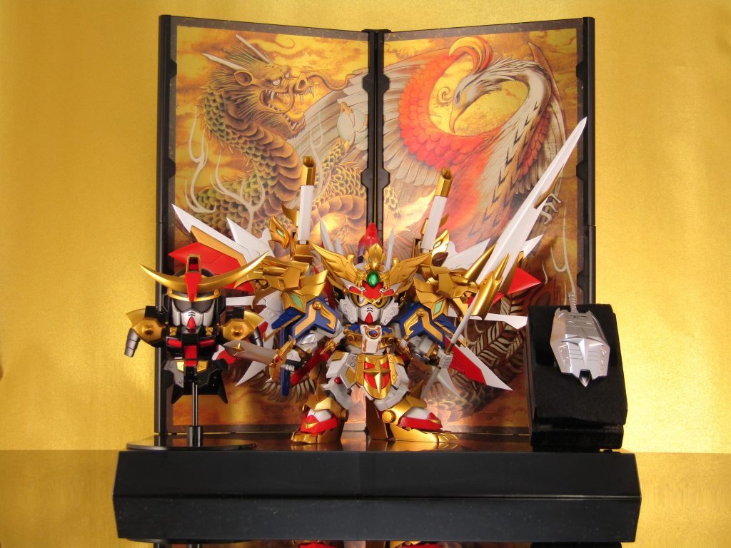 MG真武者ガンダムの台座を使用して飾り台にしました。真悪参の鎧と白銀の盾も台座を制作。