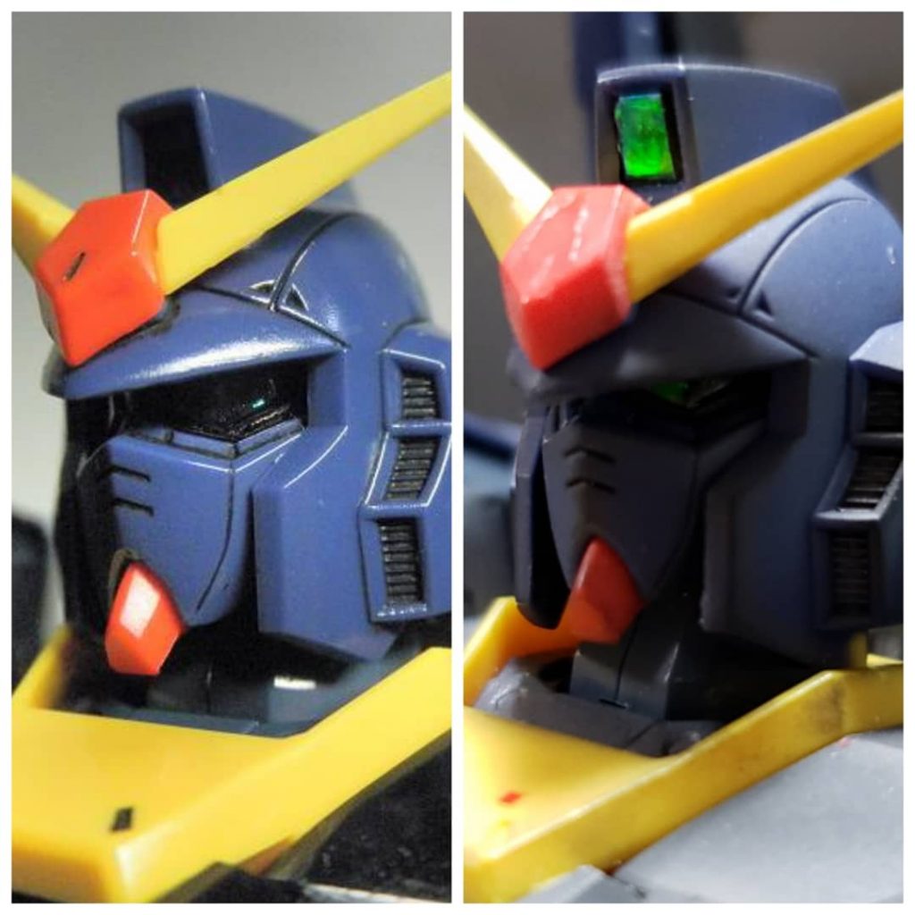 左がノーマル。右が改修後。
フェイス部分のエラ周辺を削り込み小顔にさせた上で1㎜程奥、更に1㎜程上に接着することでシャープかつ悪顔に早変わりです❗