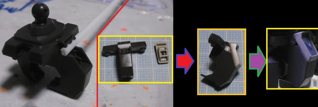 エコーズ余剰の腰パーツには、本来フロントスカートの掛かる場所にプラ棒を埋め込み。その上から塗装しています。接着せずとも外れないほどカッチリとしています。
このパーツはHGジェガンの派生キットで大抵あまるため、こうすると有効利用できます。D型の腰では腿が干渉して大きく上がりませんし、ジェガンから拝借するには惜しい時に如何でしょうか?
