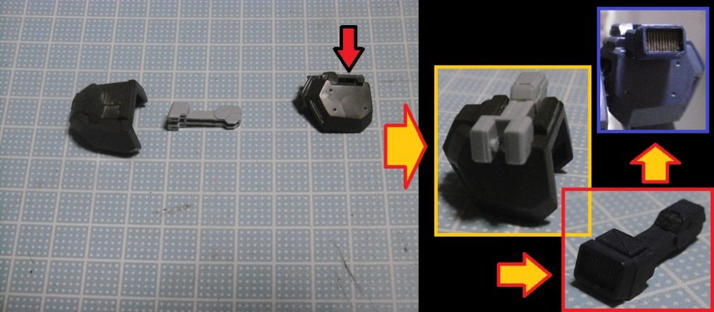 肩の装置は、マウントラッチを切除して塗装&組立後に接着。「MSアーマー01」の可動アーマー基部を使い、周りにMSパネル01や waveのバーニアパーツを接着しました。
元々は可動アーマーの裏側に記録用カメラを隠すつもりでしたが、可動アーマーとカメラの隙間が空き過ぎてしまう為にボツ。アーマー化自体も同じ理由でボツになり、現在の仕様に至っています。
肩の増加装備は使えなくなりますが、スタークのミサイルやブラストマスターの対艦ビーム砲付きなど、大型の物しか現状は無いので大丈夫。