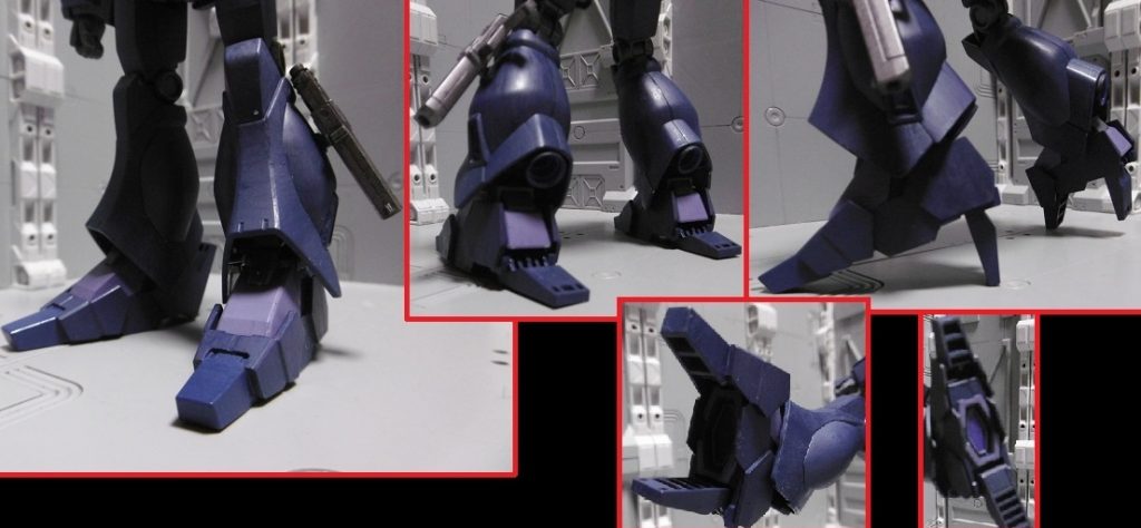 足はブラストマスターのを使い大型化。一般的な忍者MSとしては重量増加になって好ましくないのですが、慈絵丸ではそれ以上に大きな恩恵を受けられます。通常形態の他に4通り。
① 通常移動形態 ② 高速移動形態 ③ 隠密移動形態 ④⑤ 特殊形態
1と2はベース機と同じで、2はホバー移動で使います。爆音と発煙があるため隠密には不向きですが、それ以外でなら大きな問題はありません。
3は接地面積を小さくする事で歩行音を小さくします。シンプルな機体構成なので片足が一部接地せずとも自立可能。
4以降はブラストマスターであればGNキャノンですが、ビーム属性ではありません。左右で用途も異なります。