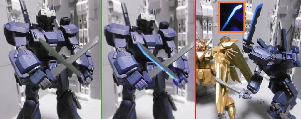 ヒートナイフ2本中1本は特殊格闘扱い。EX蛍光クリアーによるブラックライト反応で表現しています。刃全体は成型色のまま(クリアランス調整するとマウントラッチに固定できなくなるため)。蛍光クリアーも一部剥がれています。
過去作のと同じく、初手の通常格闘でバリア持ち機体を油断させ、本命のバリア無視で追撃するというもの。
特殊攻撃扱いなので流石にEN無消費ではありません。使い過ぎると通常効果に戻ります。
戦闘やバリア無効化に使う場合の物なので、通常ので罠解除や設備破壊などに。刃が特殊なので開錠に使えなくもなさそうです。