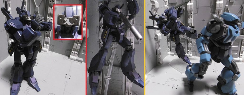 バイザーを降ろすと静モードに移行。
ステルスシステムを発動し、梵字【多聞天】が浮かびます。多聞天は国によって意味が異なりますが「よく聞く所の者」から忍者MS的な意味を付与。
死角から発砲したり、気配を殺して一撃を加える不意打ち戦法。でも基本的には「見つからないように動く」モード。
ハンドガンは実弾による二点バースト射撃式(本命の弾は後発)で、オプションのサイレンサー(後述)を付ければ消音化。威力は落ちる代わりに射程も伸び、静モードにて真価を発揮。
ヒートナイフは2本中1本がバリア無視効果(詳細は後述)。
ここに【木霊慈絵丸】の名を冠した由来あり。エコーズジェガンの当て字。
でもエコーズは本来の『ECOAS』ではなく『ECHOES』から。
その意味は「反響・山彦・こだまする」=「音が跳ね返る」
→ 音を跳ね返させる から転じて、音に特化させた『多聞』
⇒ あらゆる音を拾う&自身から発せられる音を消す
推進器からの音は完全には消せませんが、通常時よりは低くなっています。
『慈絵丸』はSD戦国伝における「突忍部隊の鉄砲足軽」から名前のみ拝借。上記の「こだま(木霊)」と合わせてオリジナル設定化。
搭乗者が本MSへの呼称は「エコーズ」では流石にマズいので、普通に「D型ジェガン」や後述の「ルストロ」の名を使います。
ちなみに本体側から消せるのは、音のみに非ず。