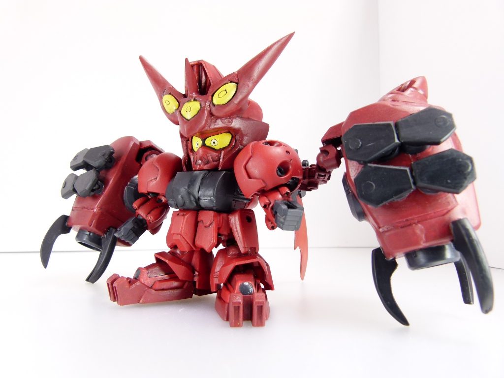 【ガンプラデータ】完成：2018年12月ベースガンプラ：BB戦士三国伝　孫策サイサリスガンダム使用ガンプラ：ＦＧ　ガンダムヴァーチェＨＧＡＧＥ　ガンダムＡＧＥー１タイタスＳＤガンダムＢＢ戦士　ガンダムＧＰ０２Ａ　など2018年11月、熱海の地で出会った孫策（隣に轟大帝もありましたが使いこなせそうになかったのでスルー）。語りかけてきました。オーガさんが「作れ」と。ＳＤコンに合わせて･･･というわけでもありませんが（実際の製作はそれよりも前から）、今回はＳＤの羅刹です。リアルガンプラの発売予定は未だ無く、確たる設定も公式ＨＰの前後図のみ。あとは作中の活躍とみんなのオーガさんへの思いで作るしかない超難機体を今回は製作しました。ミキシング要素はありますがスクラッチに近いです。純粋たるＳＤビルダーと違い、ポケプラビルダーの自分はいろいろな部分で甘い部分はあるかと思いますが･･･これも全て「ＧＢＮＷ」に満足のいく形で出すためでした。