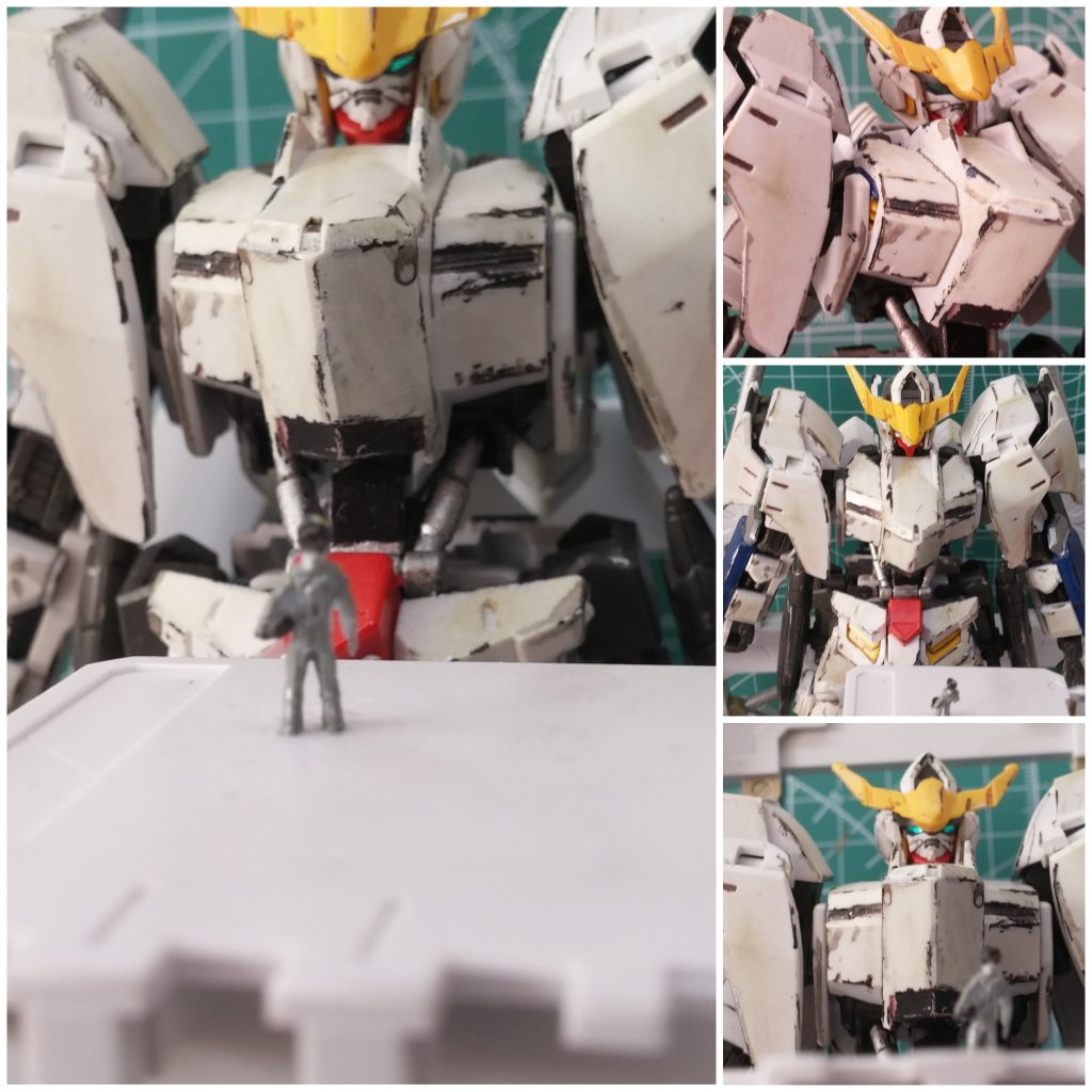 パイロットが戦いが終わったあとの機体を見ている様子です