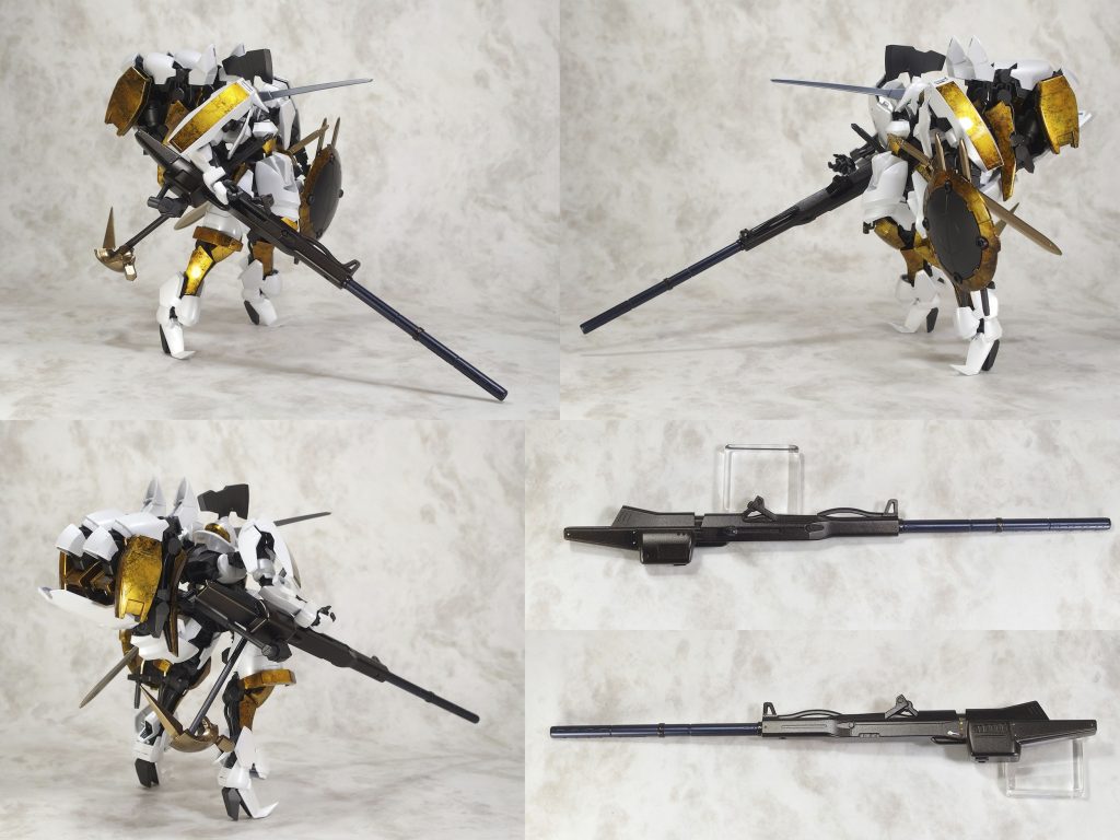 うむ。なんていうか･･･すごく･･･インフェルノです。

*【バスターランチャー】*
技術部の趣味で製造された試験兵装。
人型モードで、さらにステータスを専用モードに切り替えた上で後半身のサブドライヴの出力を目一杯使用し、更にそのエネルギーをランチャー内の大型ビームユニットにチャージすることでとんでもない高出力のビームを放つ兵器。
たぶん戦艦の主砲や攻城兵器、城の超長距離対空砲などと互角かそれ以上の超ビーム。
*高収束超絶貫通ビーム／広範囲拡散ビーム／通常出力の高速連射ビームマシンガン*の3モードに切り替え可能。
こんな出力のビーム砲を普通のMSに装備させようとしたらろくに推力も敏捷性も無い固定砲台みたいな木偶の坊になるので、MSに実装した例は他には無い。
もちろんレオノーラはこんな飛び道具は使いたくないんだけど、
技術部のおたくどもにテストデータが欲しいと泣いて頼まれるので渋々使う事がある。

装備するときには
後半身の基部から伸びるマルチマウントアームで接続・保持している。
　
　
　
バスター装備で人馬形態になった時。