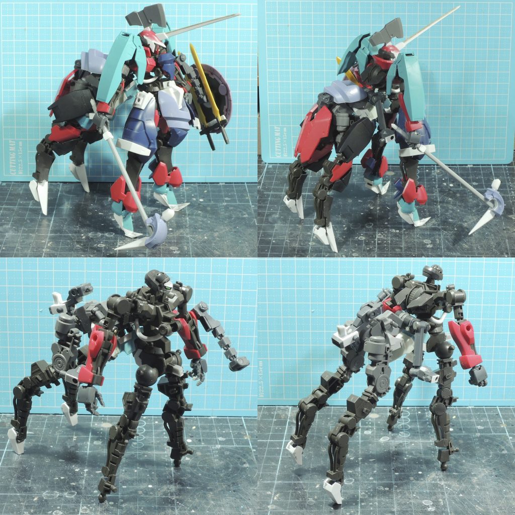 今回はモーターヘッド的なイメージとヴァルトラウテに迫りたいという2つの主旨がせめぎ合い、お気楽ミキシングとはいかず今までで一番大量のキットからのミキシングとなりました。
新規購入だけで　グリムゲルデｘ2，グレイズリッター、百練。
組み立て済みキットの　バルバトス第四形態、ウヴァル、レギンレイズ。
廉価シリーズHG IBO、万歳です。
他には壽屋M.S.G.ジョイントセット1・2、プロペラントタンクのパーツ。
HGエルガイムのバスターランチャーなどを使用。
　
　
　
　
　
最後に、同型機の開発順に？