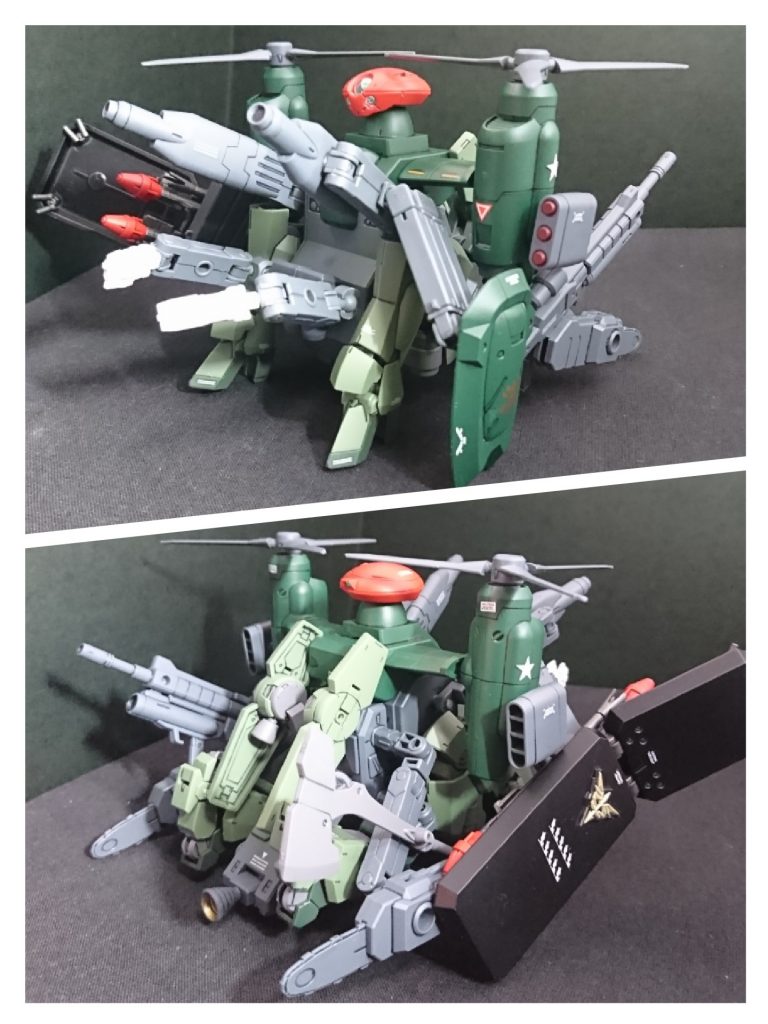 【ツインズ ミニモアザック 】
グリモアレッドベレーのミニモアザックに、ティルトローターパックを追加、ヘッドユニットにグリモアレッドベレーを追加するなどして索敵能力を強化。
また、サブアームやドックパック、さらにはモビルスーツの腕や足を追加し、武器の携行能力や機動力の向上を図っている。