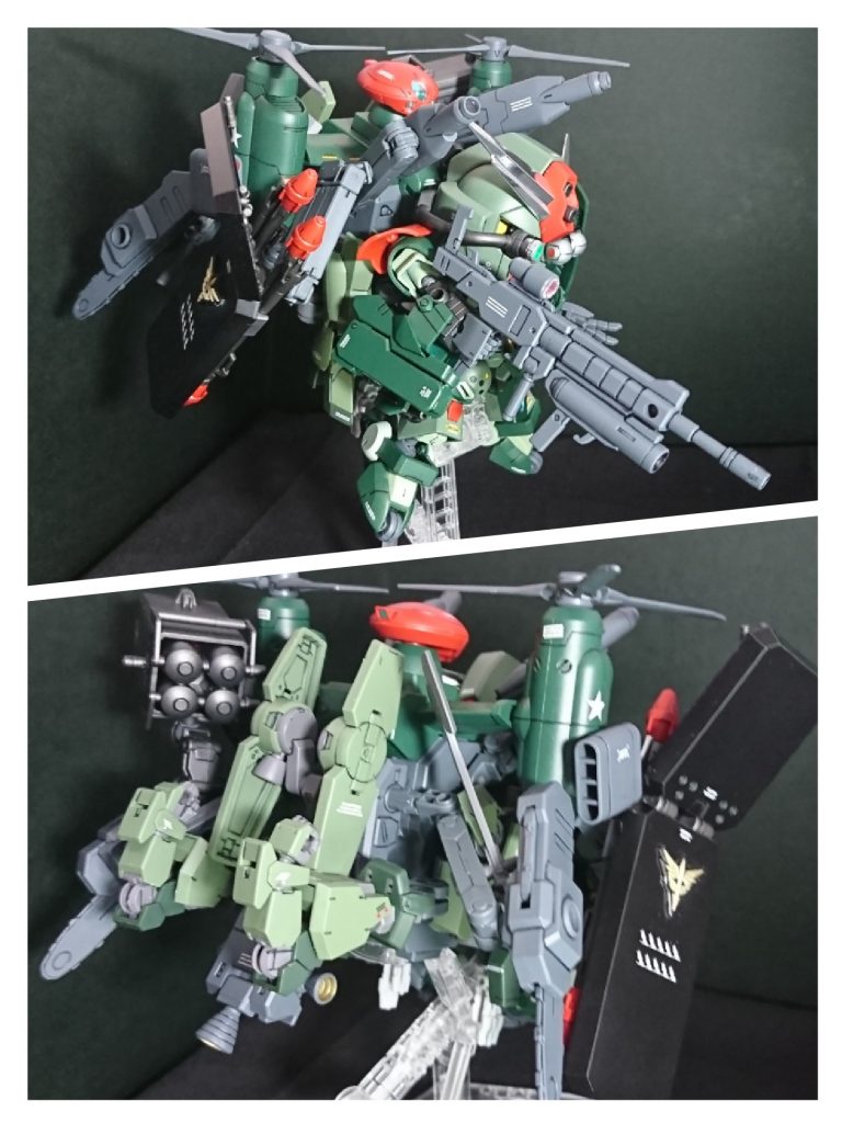 【ツインズ フル装備 側面・背面】
黒いギラ・ドーガのシールドは、今回はSDイベントに参加しない同じ第七機甲師団のメンバーであり副官のクルトからの贈り物。
サブアームやバーニアの増加などサンダーボルトのバックパックを意識して作成された。