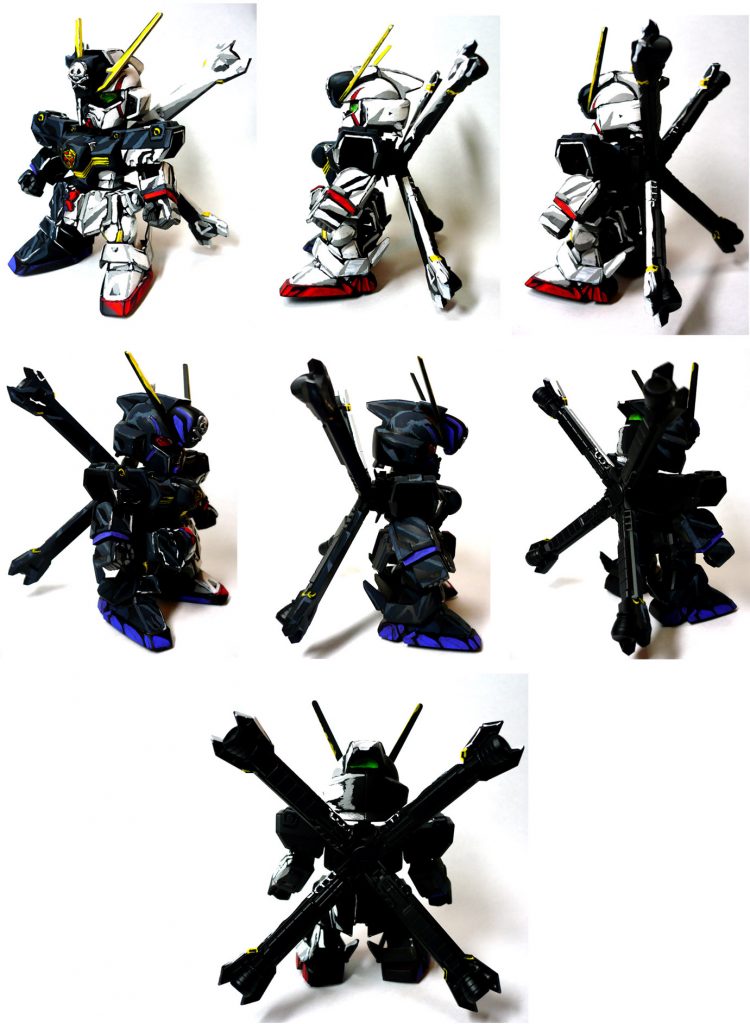 細かい画像で恐縮ですが
上段・クロスボーンガンダム左側が白(光の当たる)側のX1
中段・影色になるX2カラーで塗りました。
真後ろは見る事が無いので黒サフを噴いたままです。