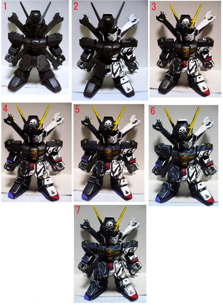 塗装段階の画像です。細かいので読み飛ばして頂いても構いません(汗)
1・黒サーフェイサーを噴いた状態です。
2・X1の白部分を塗ってみました。モノクロでスカルっぽい良い雰囲気でした。
3・赤と黄色を入れました。これだけならX1の影色の多い見た目です。
4・X2の紫部分を塗りました。
5・画像では全く見えませんがボディの暗い紺色部分を塗りました。
6・ボディの紺部分、X2のメインカラーに明るめの艶表現を入れました。モノアイも描いていますね。
7・白部分に陰色のグレーを入れました。
この後、細かい部分に色を加えて完成です。
とりあえずやってみたい表現を試したかっただけなので
細かい部分のクオリティは…手抜きです。