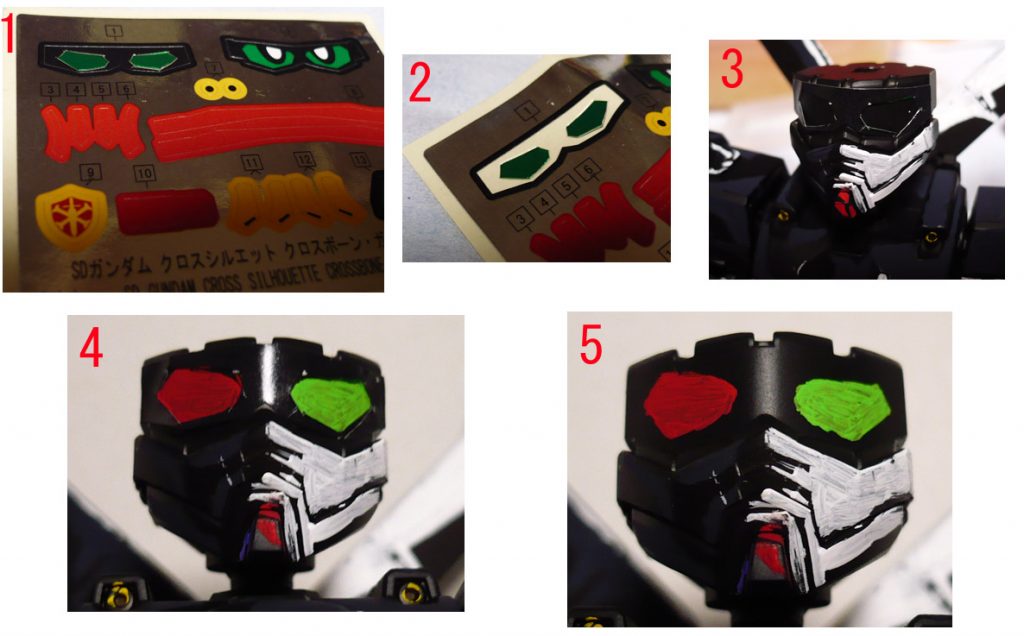 このクロスボーンガンダムのモノアイ部分はディテールが無いので
付属のモノアイシールをカットしてマスキングシールとして使ってみました。
X1はグリーン、X2がレッドとなるのでオッドアイですね。
この後、モノアイ部分にもう少し色を足しています。