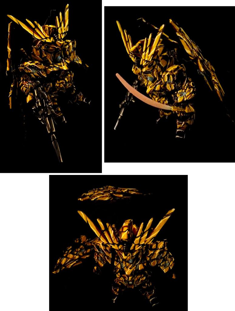 黒背景武装バージョンです。
ビームサーベルは塗装の厚みで奥まで差し込めません。
アームドアーマーDEを支柱で浮かせて画像加工で消しました。