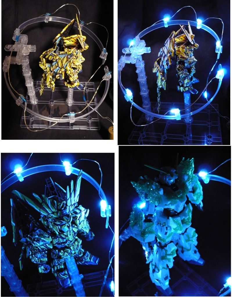 左上・室内照明ありで設置状態
右上・室内照明なしでLED点灯
右下はHGユニコーン光の結晶体(素組み・未塗装)を比較の為に撮影してみました。
ボディはパールカラー、サイコフレームはクリアグリーンなのですが
イラスト風塗装のフェネクスの方が塗装の影響なのか
クッキリと見える気がします。
本来の使い方ではないのかもしれませんが
プレイングベースをLEDライト台座に使ってみました。
興味がある方の参考になれば幸いです。
最後までご覧いただきありがとうございました。