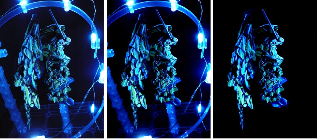 左が通常画像。中央が明るさレベル調整。右がライト・支柱を消した加工画像です。