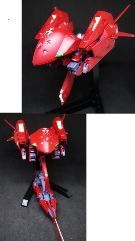 ## MA形態
パーツを差し替えての変形って、好きじゃないけど、せっかくなので、載せておきます(^^;
MA形態で、ライフルをどこに担架するのか調べたんですが、なんと股関の隠し腕で持つんですね!( ゜o゜)(Gジェネの戦闘ムービー参照)