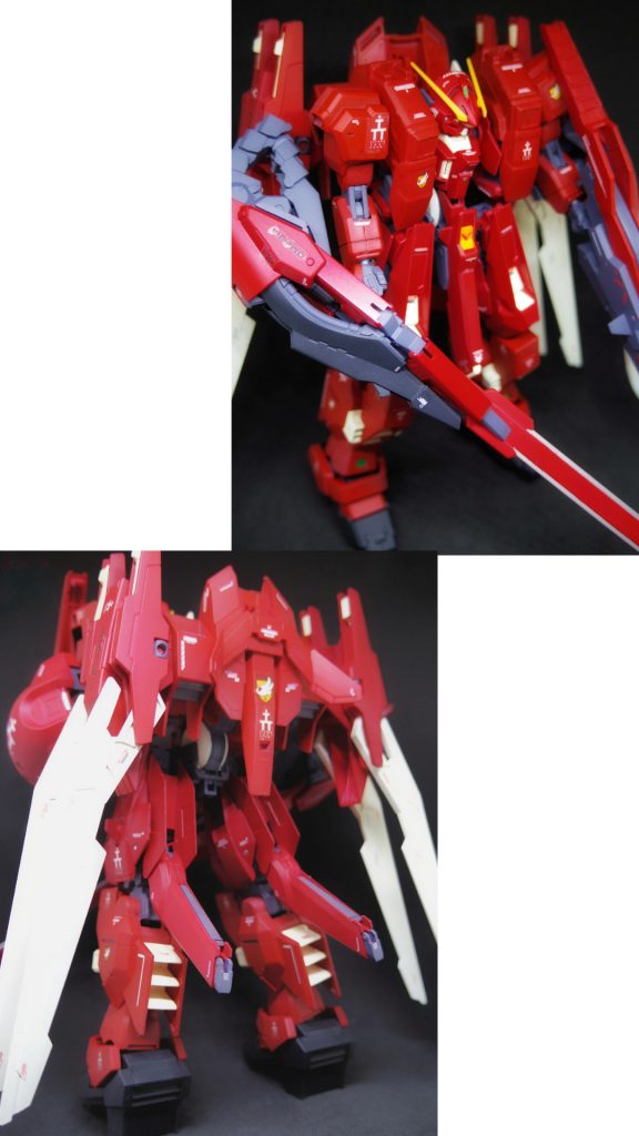 元々ウーンドウォートのお尻に装備されていたブースターポッドは、左腕に装備しています。
ブースターポッドの設定を色々と調べて見たところ、ブースターポッドの丸い穴(?)は、大気圏突入用の冷却フィールド発生機ということでしたが、バルカンやメガ粒子砲だという説もあったので、この説も採用させてもらいました(^-^)/
一応5つの丸いモールドのうち、中央の青いのが、冷却フィールド発生機、4つの緑色がビーム砲のつもりです!