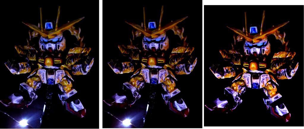 今回も黒背景・暗い室内でＬＥＤリレーライトを下に配置して撮影してみました。
（トップ紹介画像もその撮影方法です）
ちなみにコチラは左から通常撮影画像
中央が明るさのレベル調整、右が支柱消し画像となります。