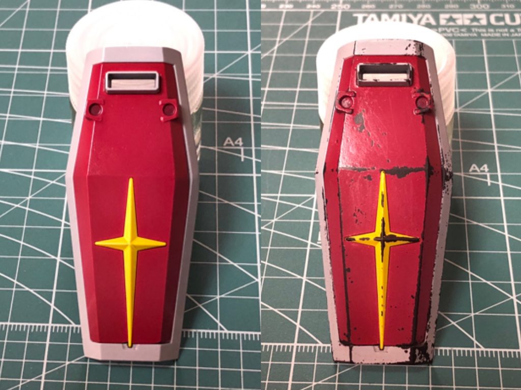 剥がし塗装(ケープ・チッピング)は、全パーツにMr.カラーで下地色を吹いた後、カップに出したケープ・スーパーハードを吹いて、さらにその上に水性ホビーカラーで通常塗装しました。
剥がれなかったらどうしよう?という不安がありましたが、濡らした筆や爪楊枝で塗装面をこすったら思っていたよりあっさり剥がれて、剥がれ過ぎないように調整する方が難しかったです。